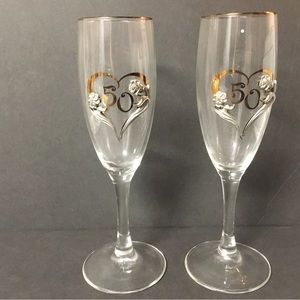 Gold Trimmed 50th Anniversary Crystal & Pewter Champagne Flutes